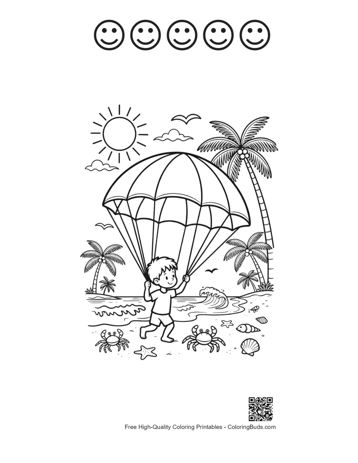Boy flying parachute sea printable with happy faces coloring sheet
