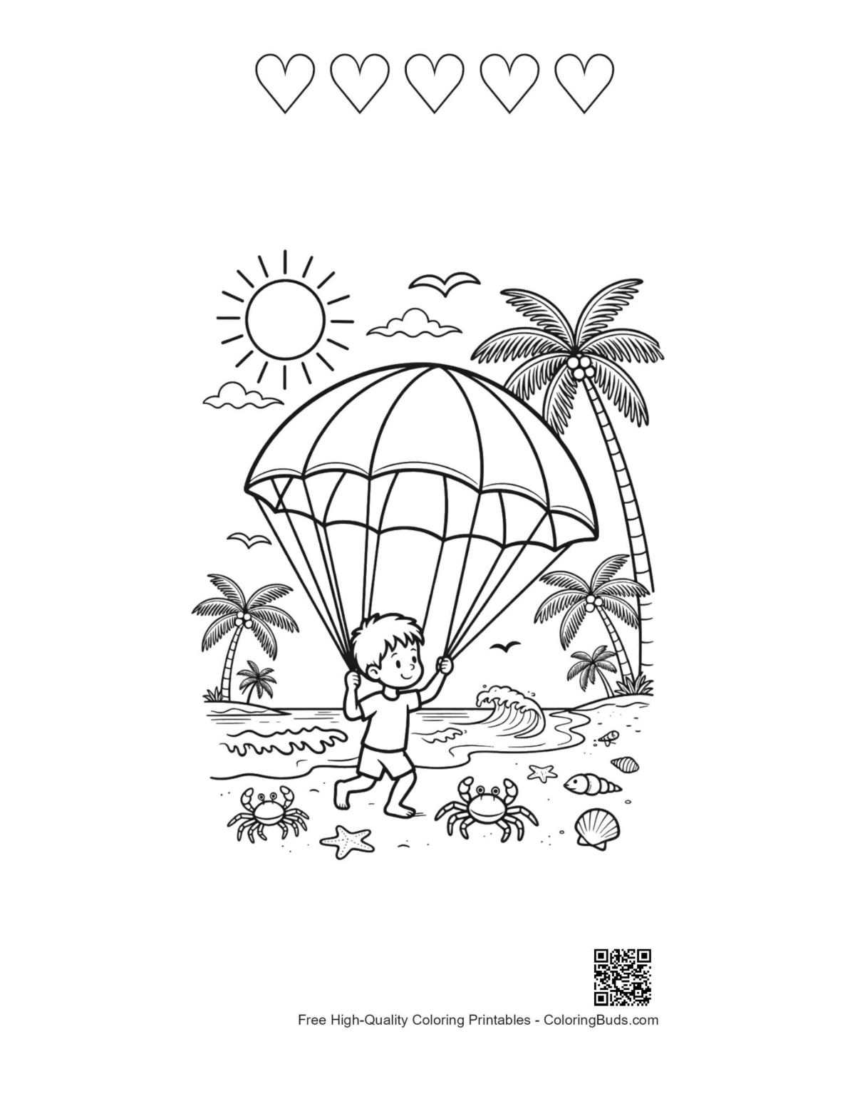 Parachute boy over tropical sea with hearts coloring printable