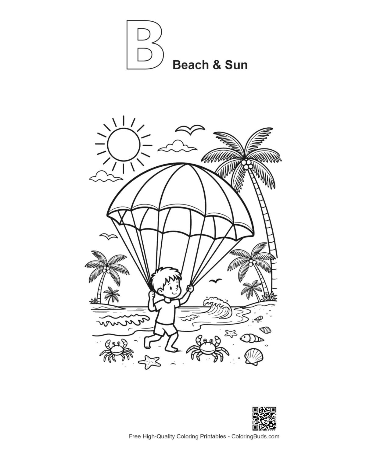 Parachute boy over tropical sea alphabet B outline coloring printable