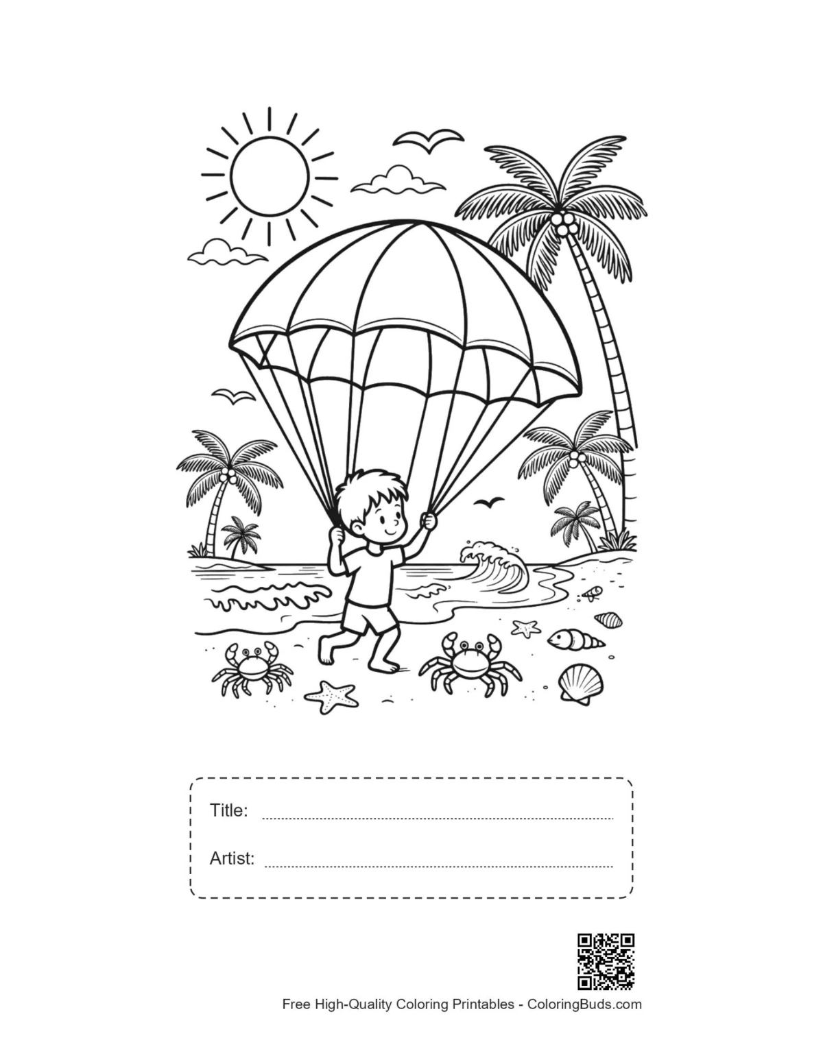 Boy on parachute over sea coloring page with title box printable