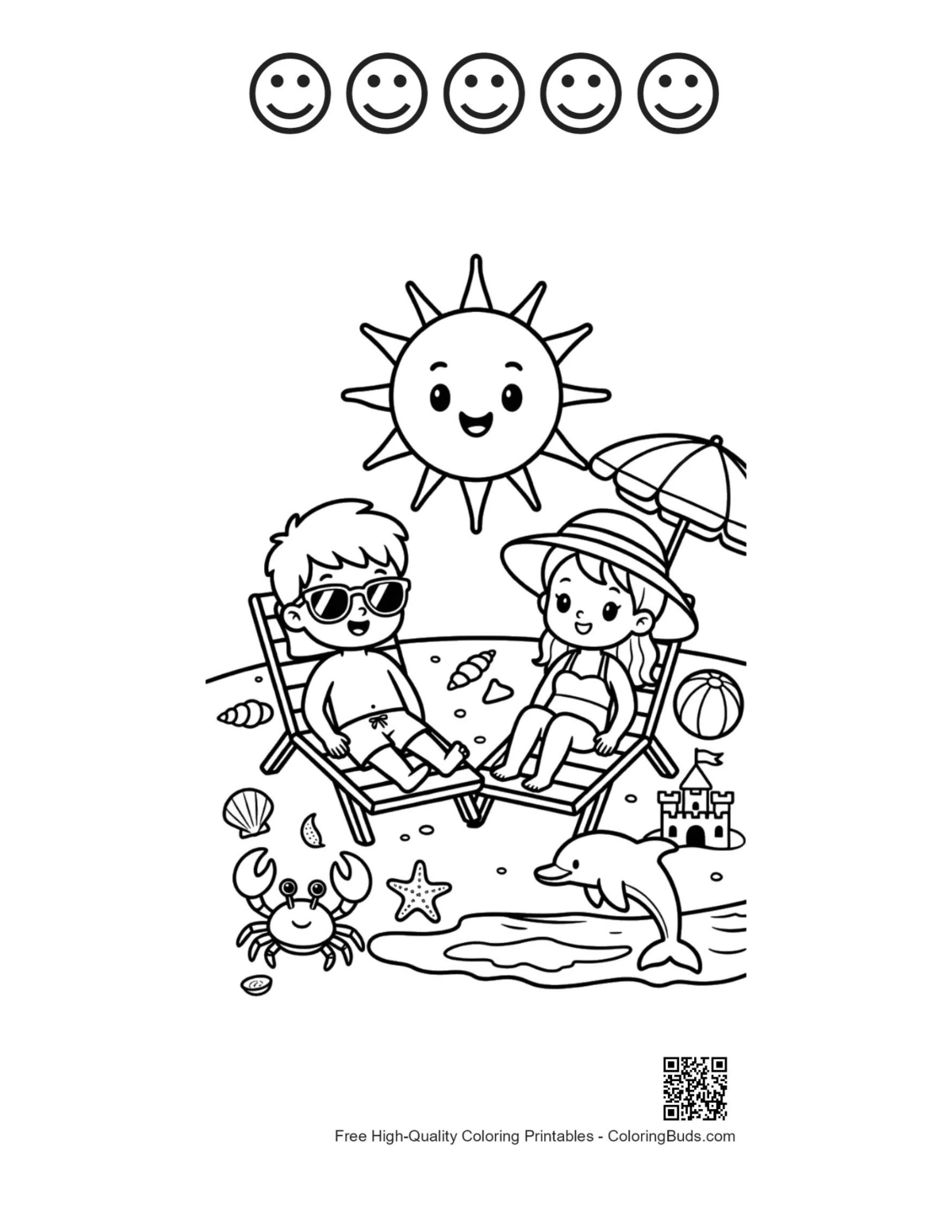 Kids summer beach printable with happy faces outlines