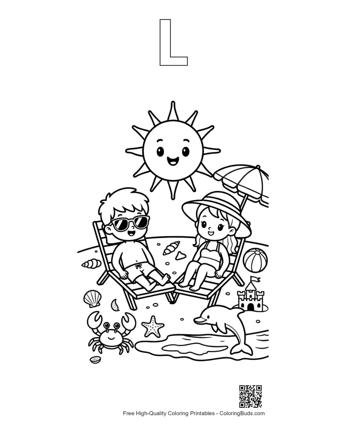 Beach kids coloring sheet printable alphabet L outline
