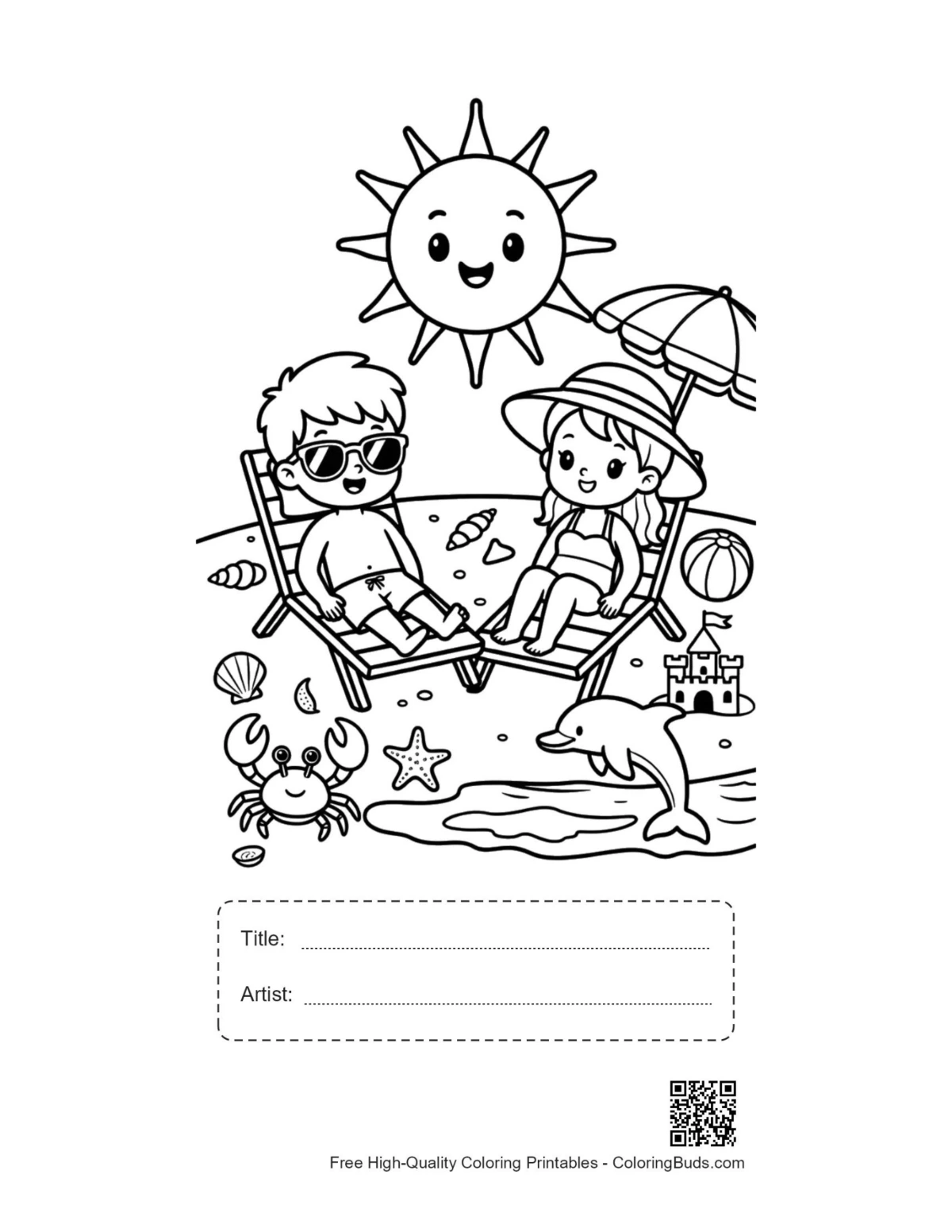 Kids beach toys coloring printable with title box