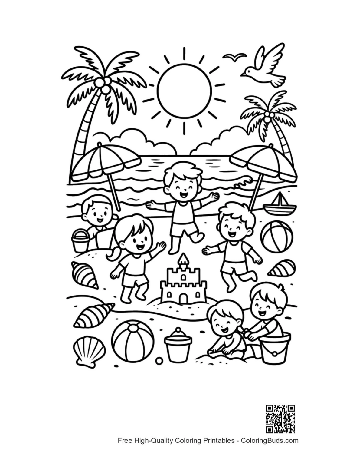 Toddlers with buckets shovels seashore coloring printable