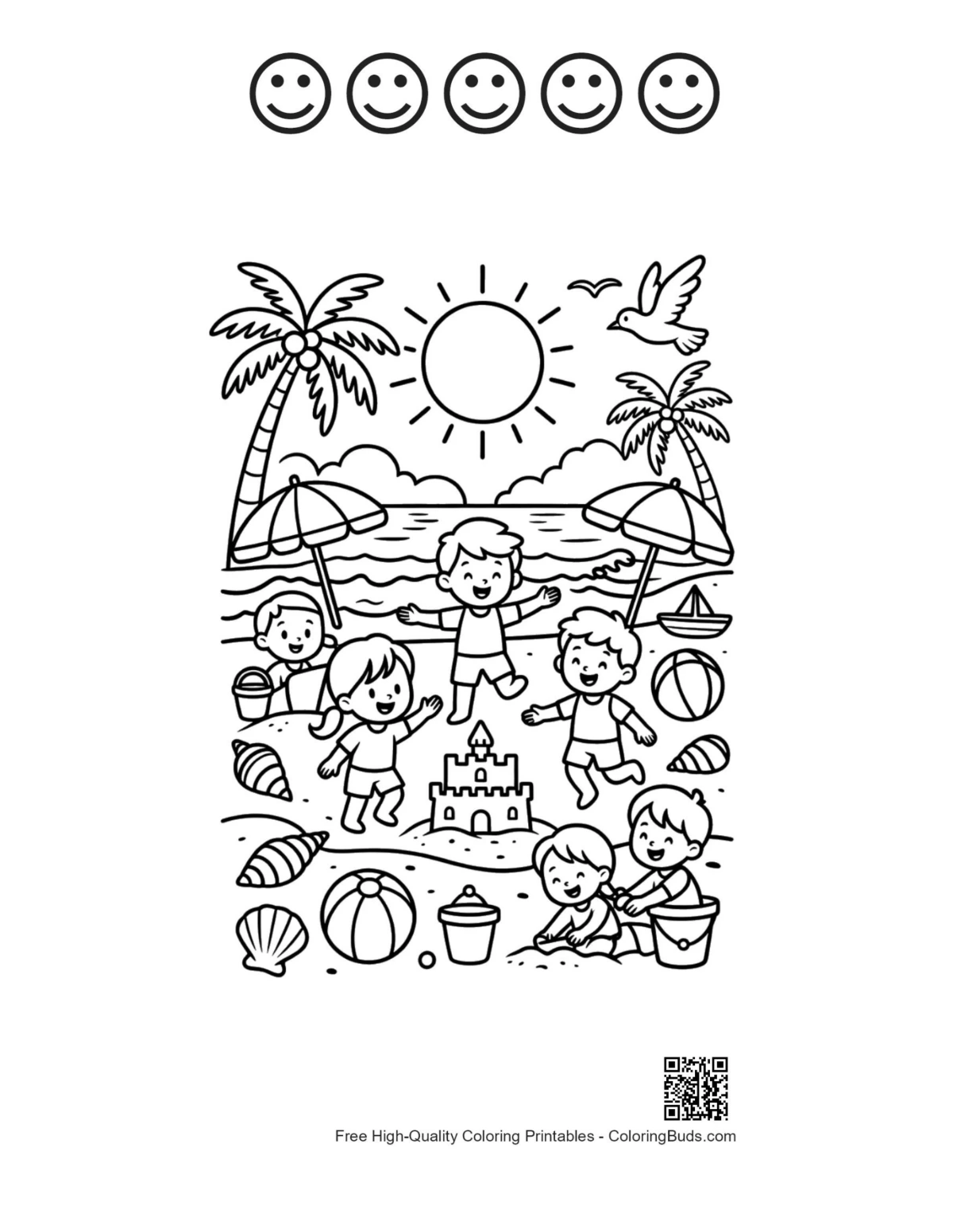 Seashore toddlers buckets coloring with 5 happy faces