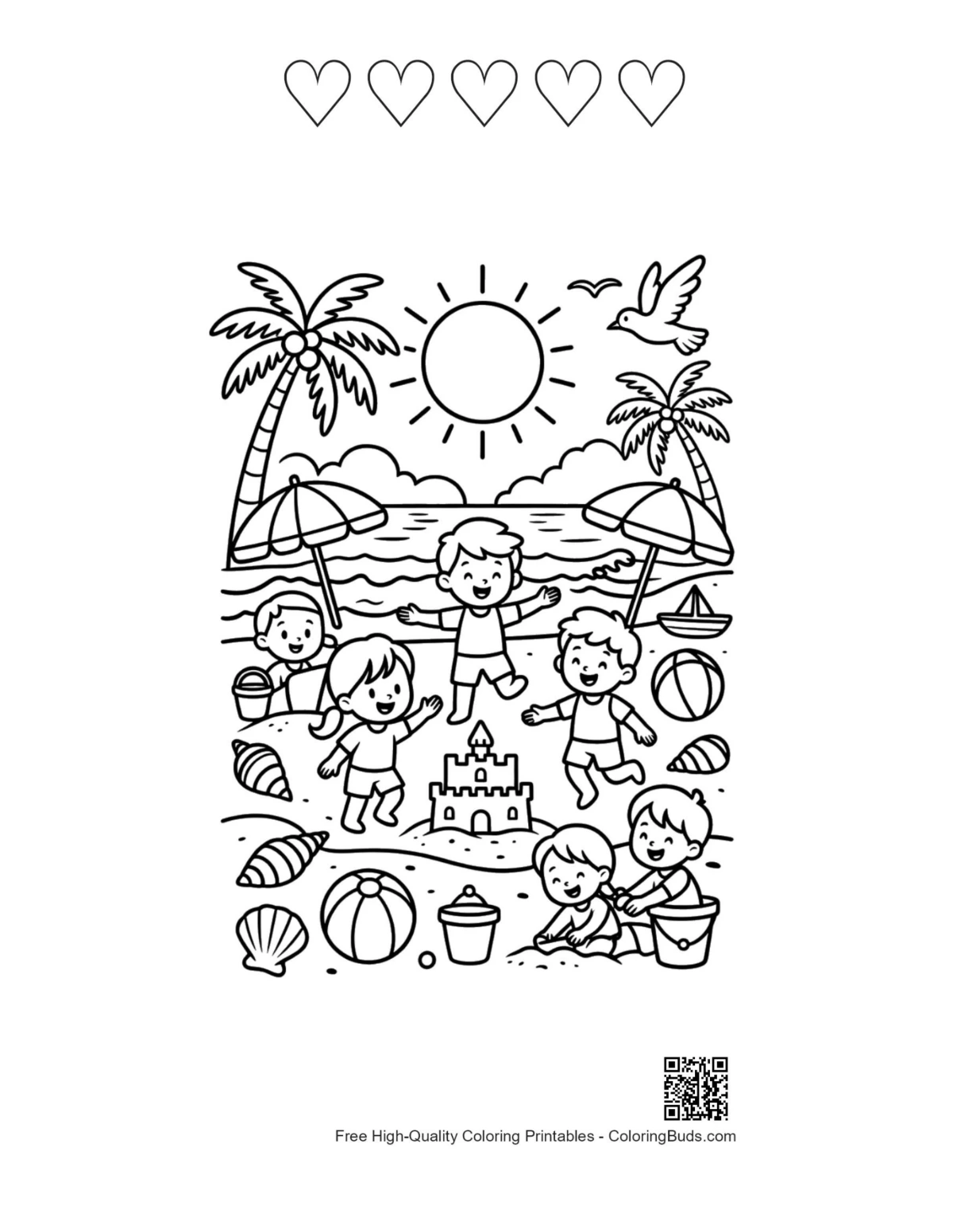 Beach toddlers shovels buckets 5 hearts outline sheet