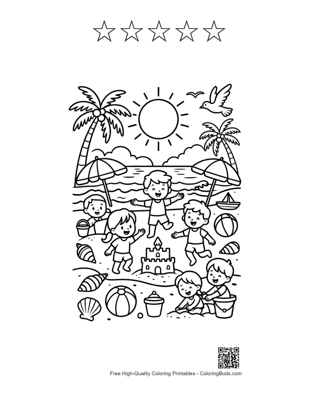 Toddlers seashore play coloring page with 5 stars outline
