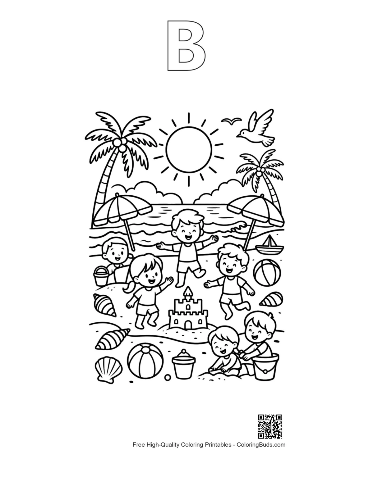Beach toddlers shovels buckets alphabet B outline printable