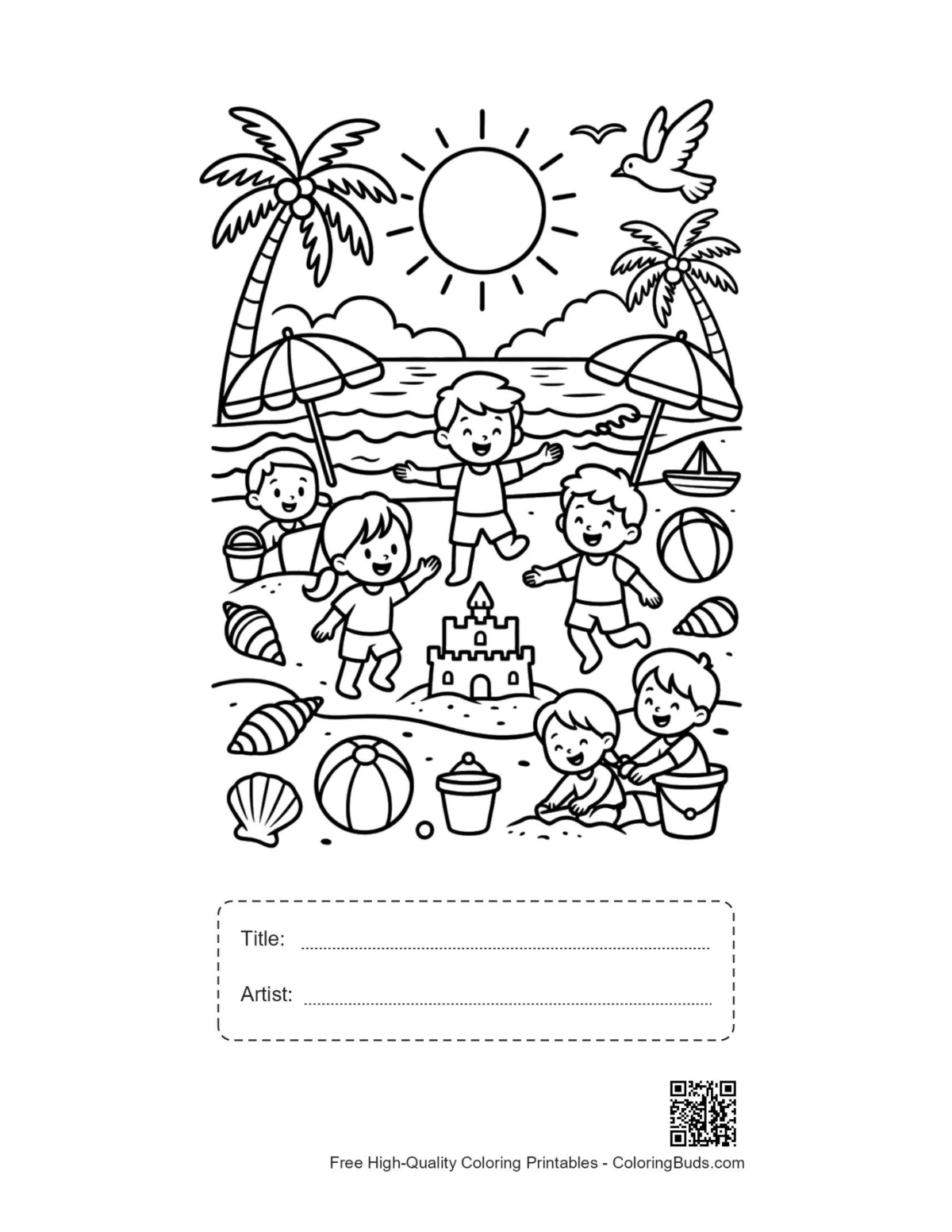 Seashore toddlers buckets shovels coloring sheet with title box