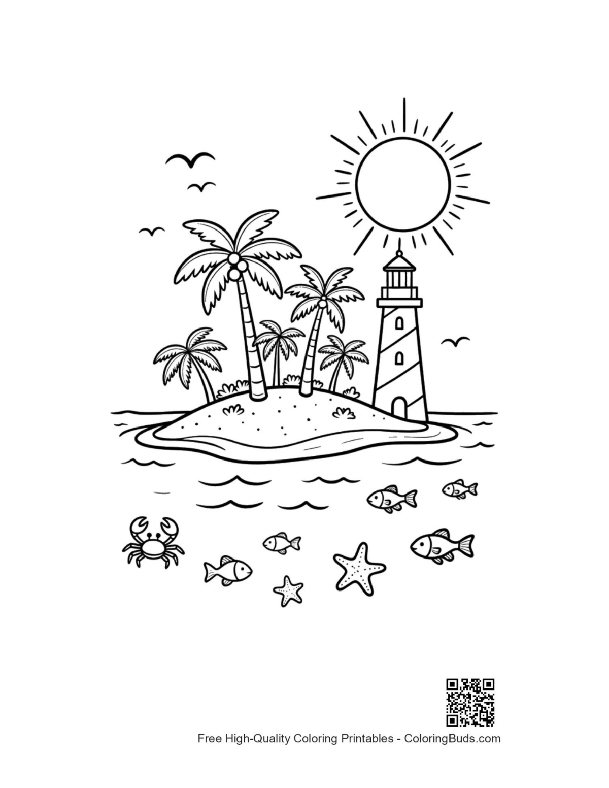 Tropical island palm trees lighthouse coloring printable
