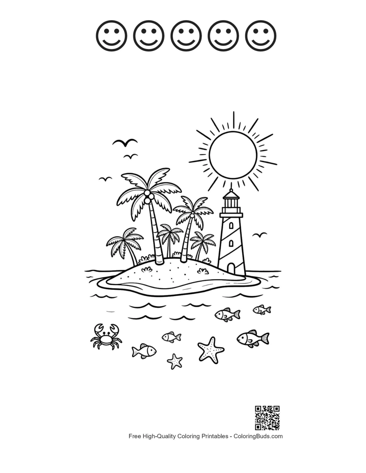 Island palm trees coloring page happy faces outlines