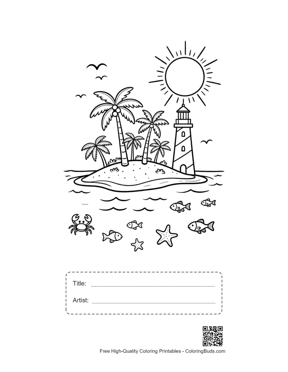 Tropical island lighthouse coloring page with title box
