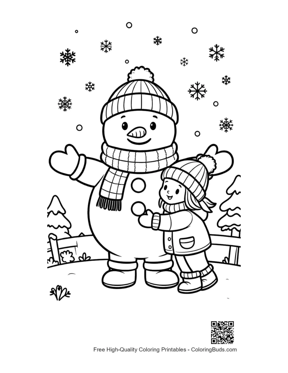 Boy girl tall snowman backyard coloring page printable