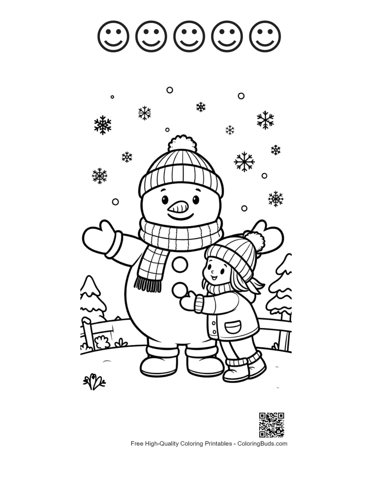 Boy girl snowman backyard coloring with 5 happy faces