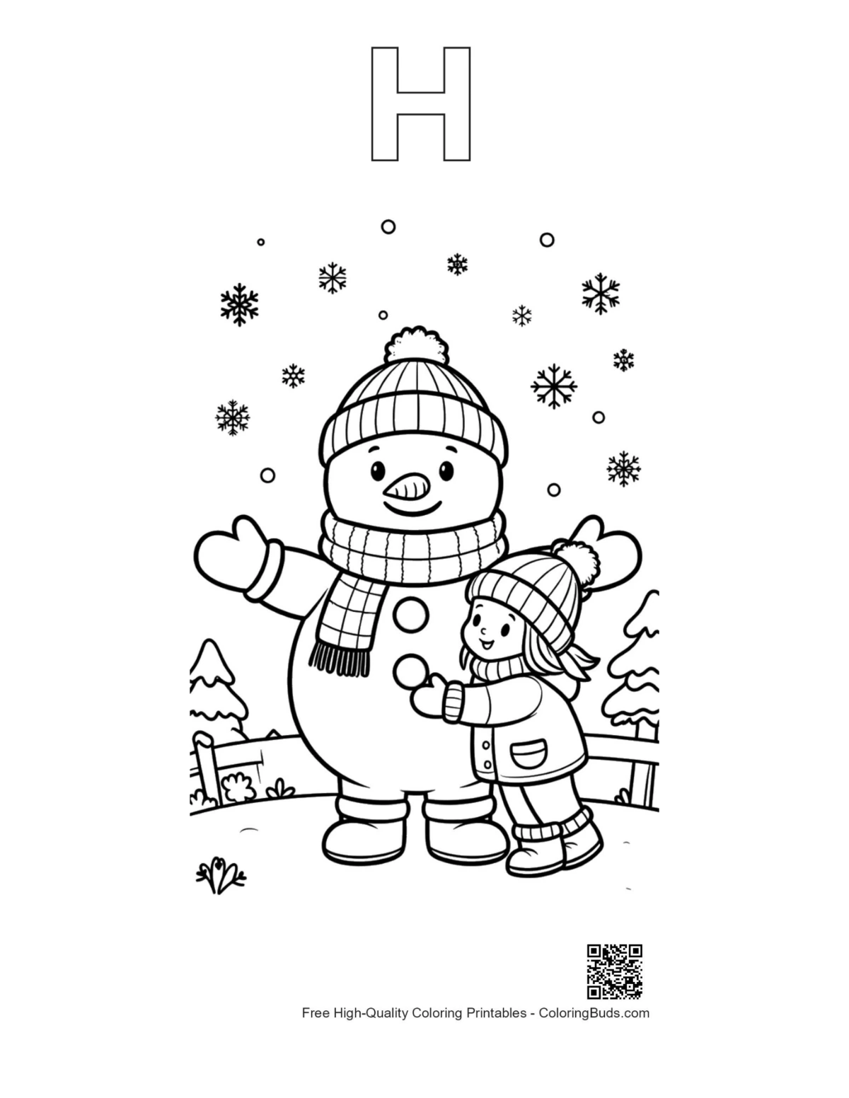 Boy girl tall snowman coloring outline with alphabet H
