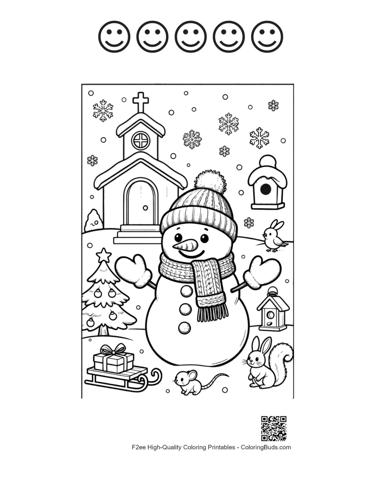 Snowman sheet with 5 happy faces outline printable