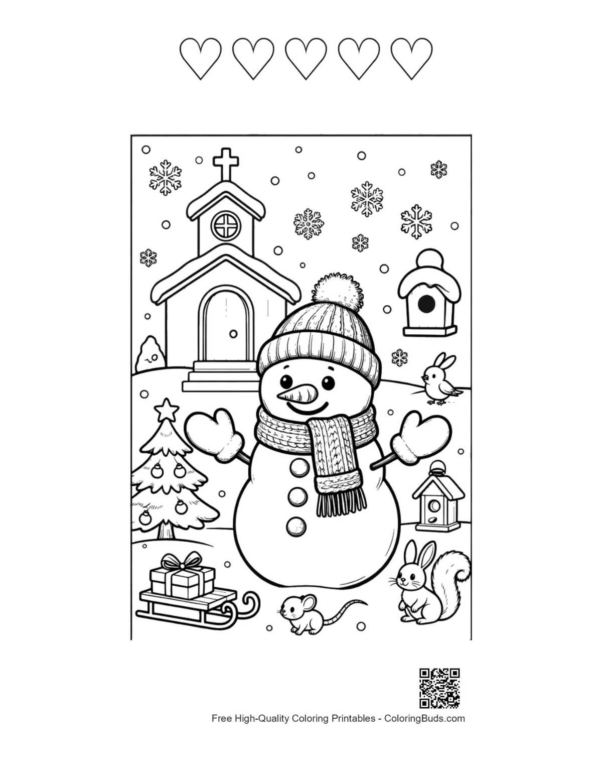 Snowman coloring with 5 hearts outline printable