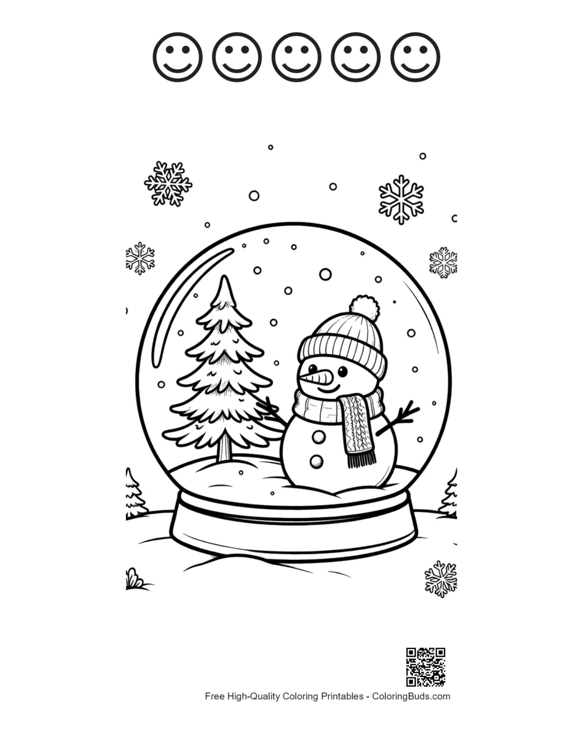Snowman snowflakes and 5 happy faces outline