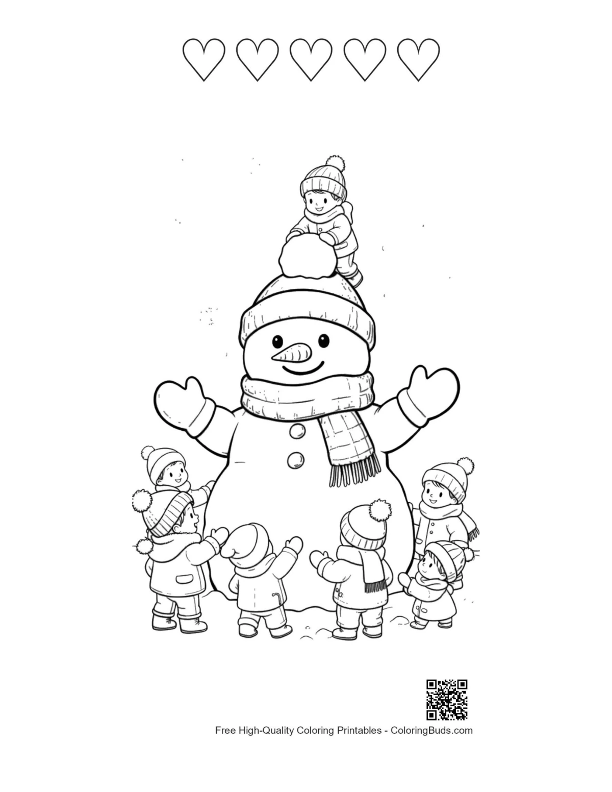 Cute snowman snowflakes with 5 hearts outline printable