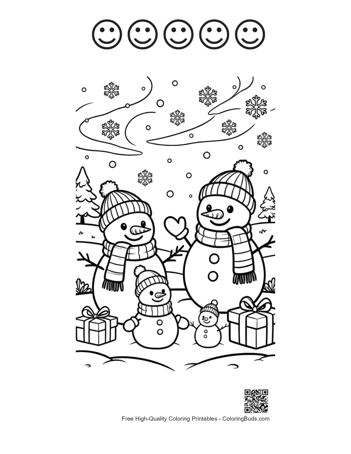 Snowman snowflakes 5 happy faces outline printable