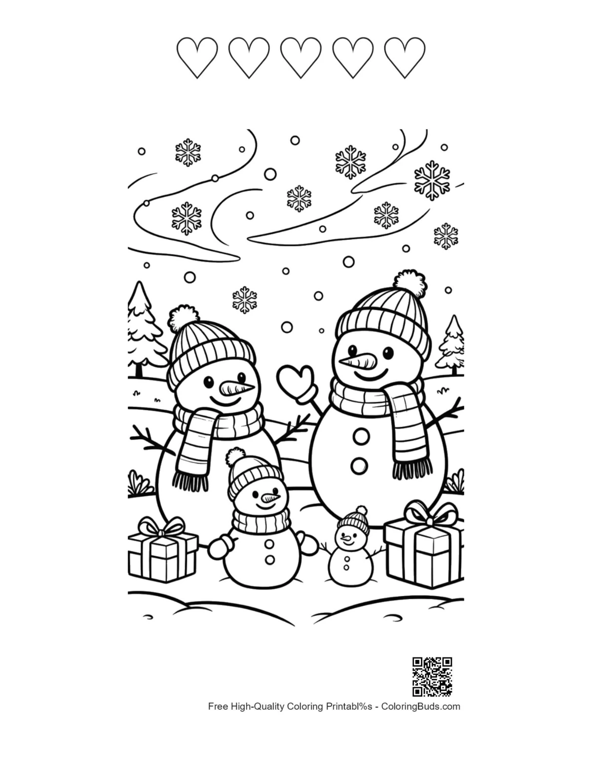 Snowman snowflakes with 5 heart outlines printable