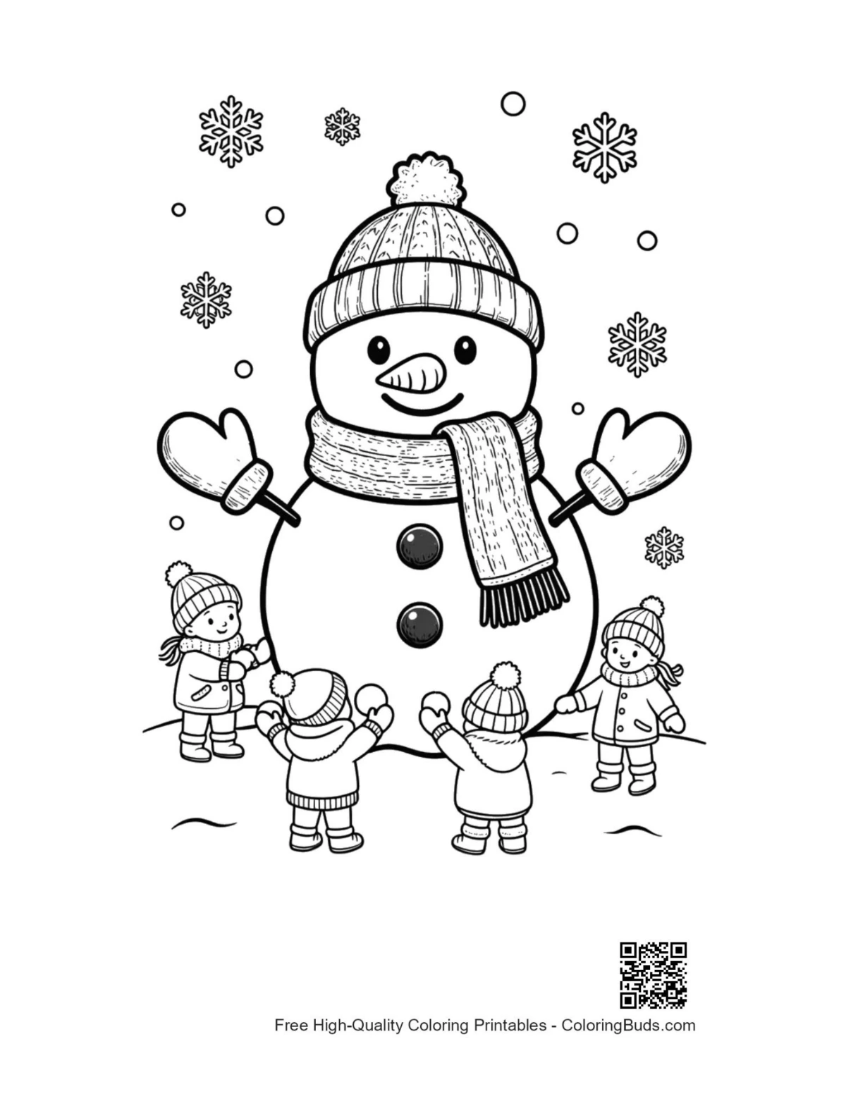 Easy snowman snowflakes coloring page printable for kids