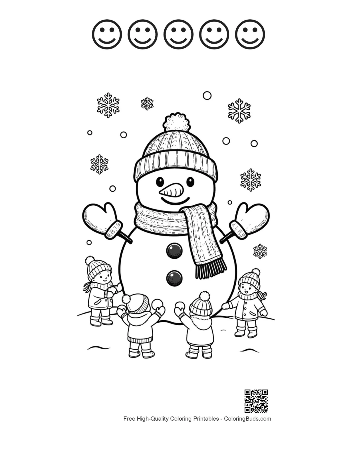 Easy snowman snowflakes page with 5 happy faces outlines