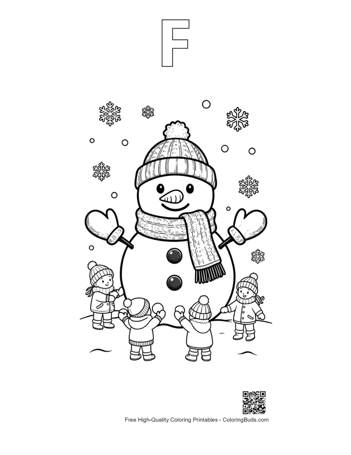 Easy snowman snowflakes coloring page with alphabet F outline