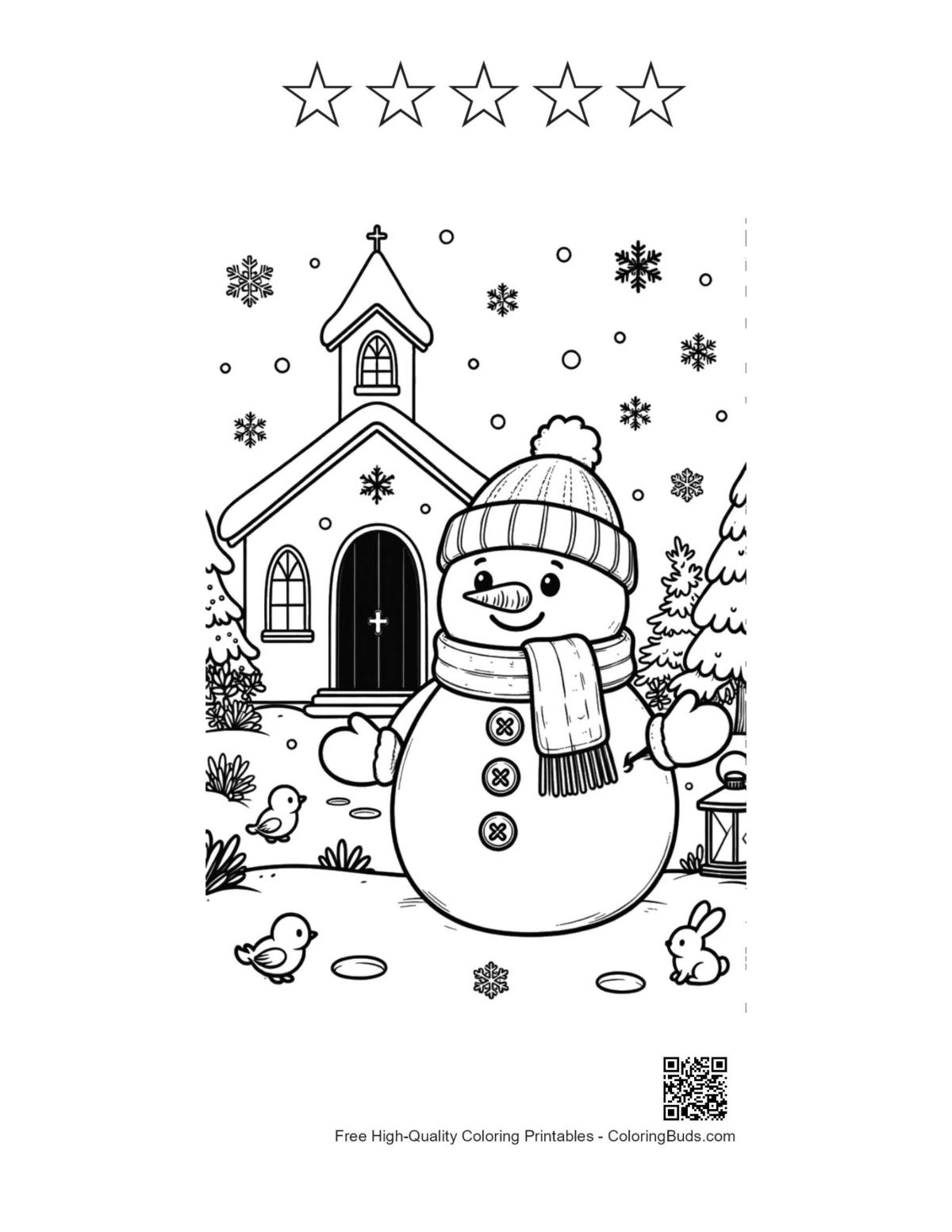 Happy snowman church snow printable with 5 star outlines coloring sheet