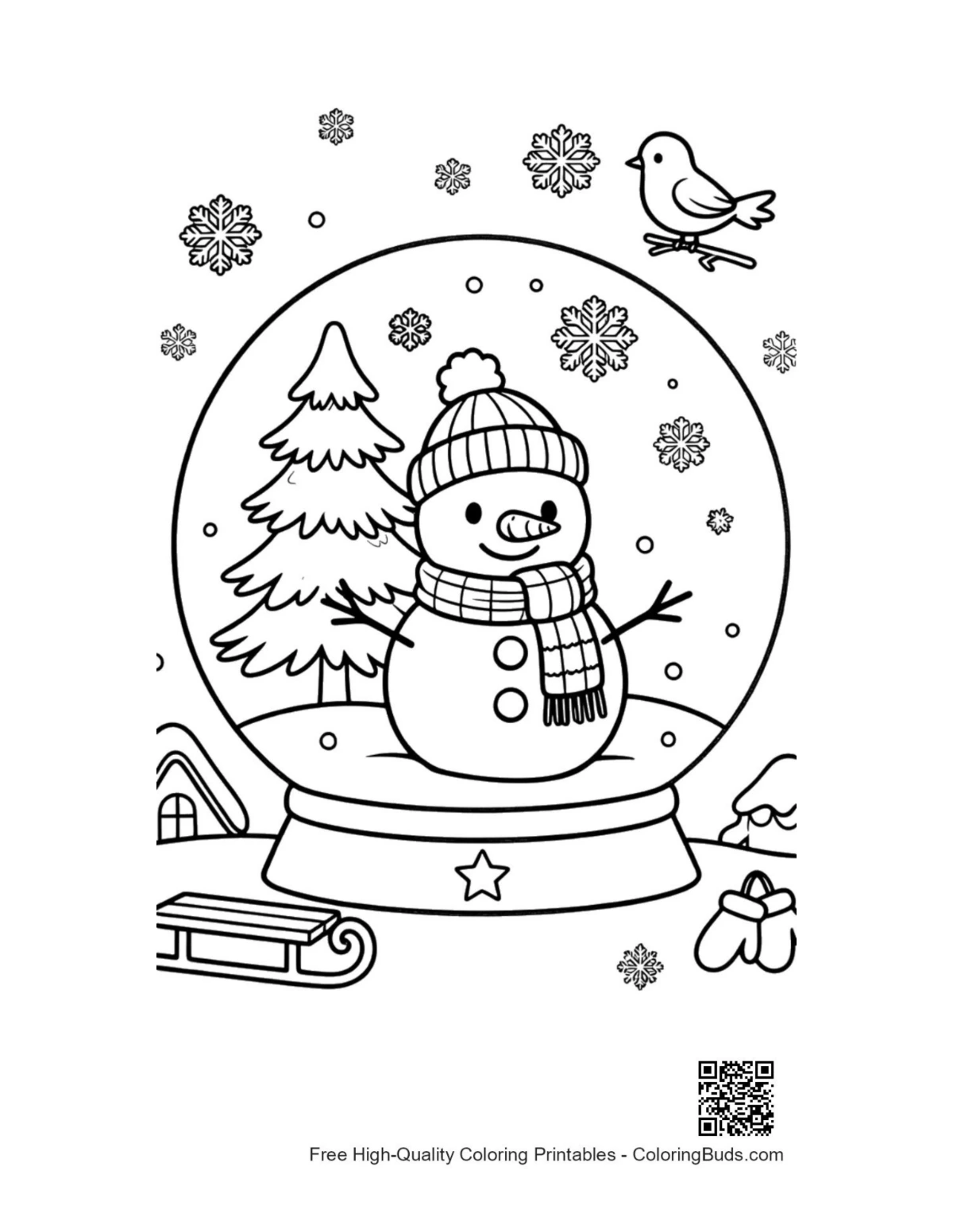 Snowman in crystal snow globe coloring page printable