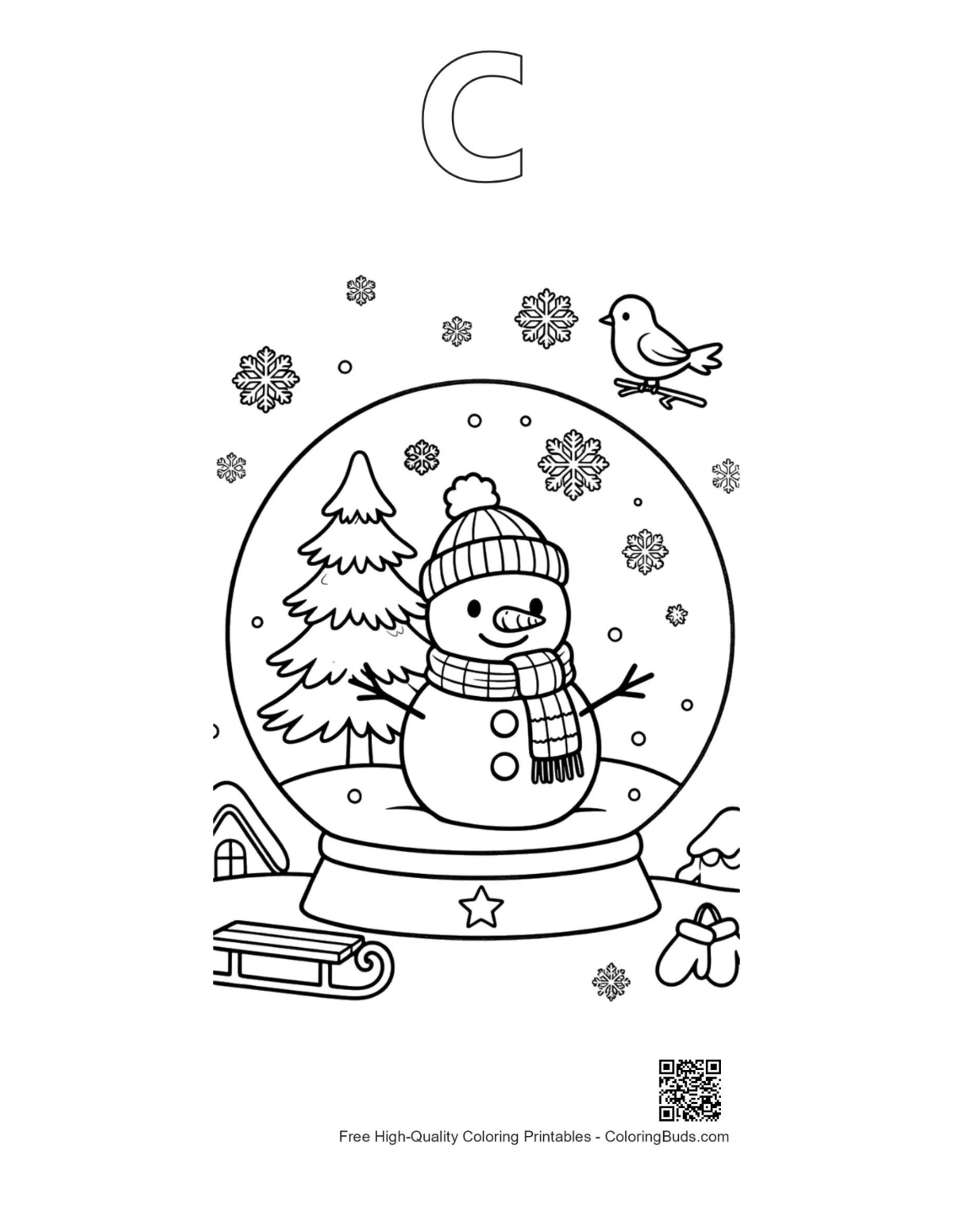 Snowman snow globe coloring page alphabet C outline
