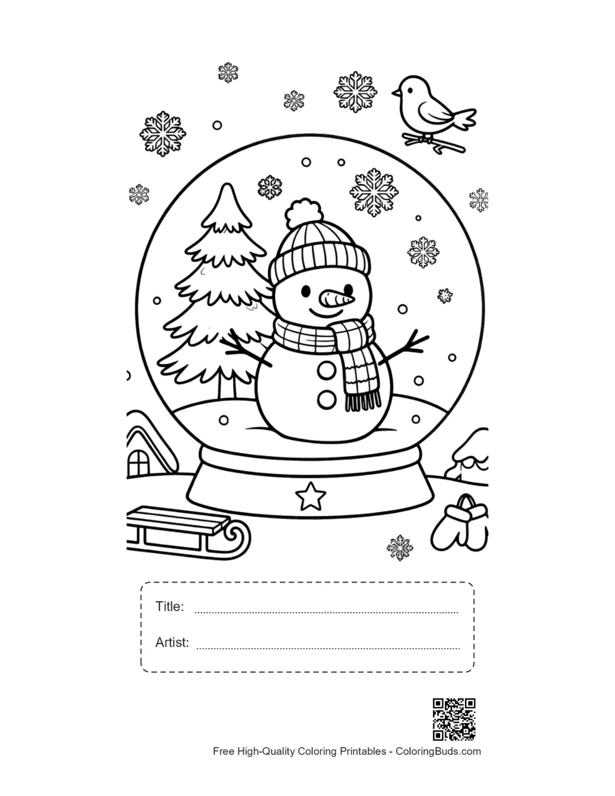 Snowman snow globe printable with title artist box