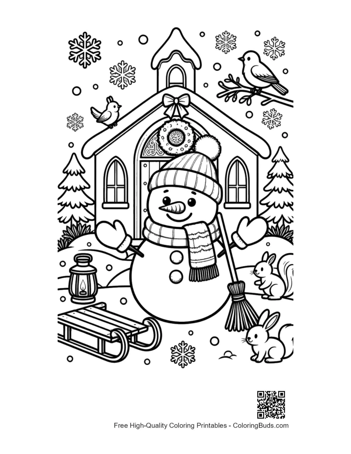 Snowman by rustic church with sled winter birds coloring page