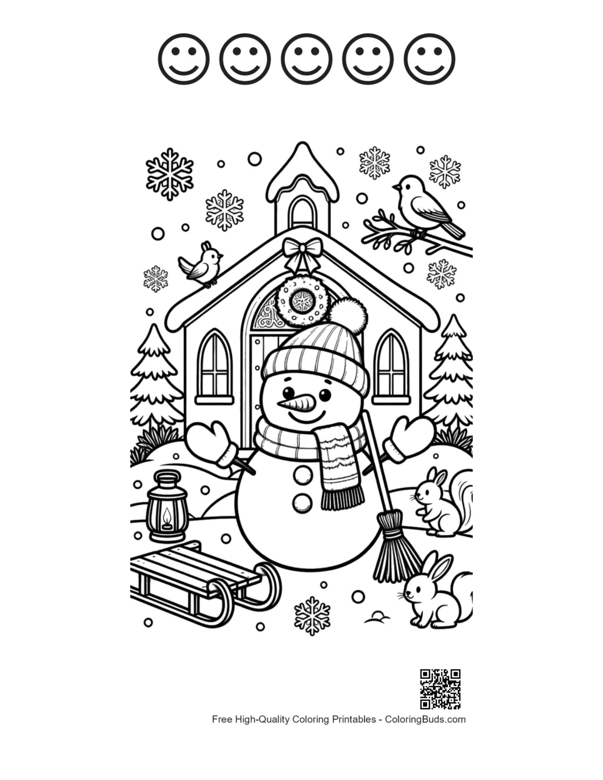 Snowman church sled birds page with 5 happy faces outline