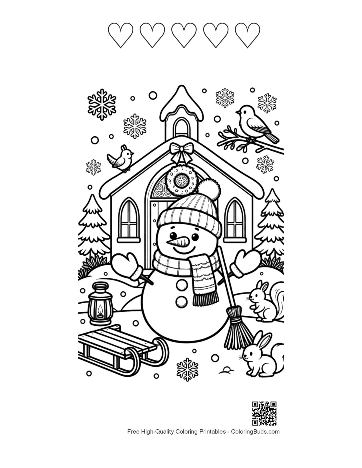Snowman winter scene coloring with 5 heart outlines