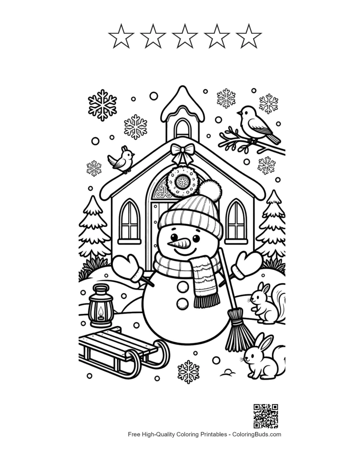 Snowman rustic church coloring page with 5 star outlines