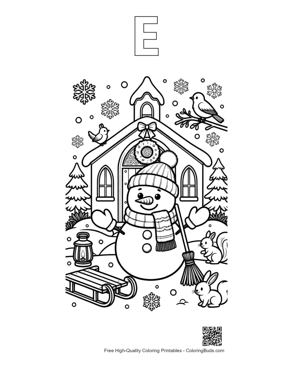 Snowman church sled birds coloring with alphabet E outline