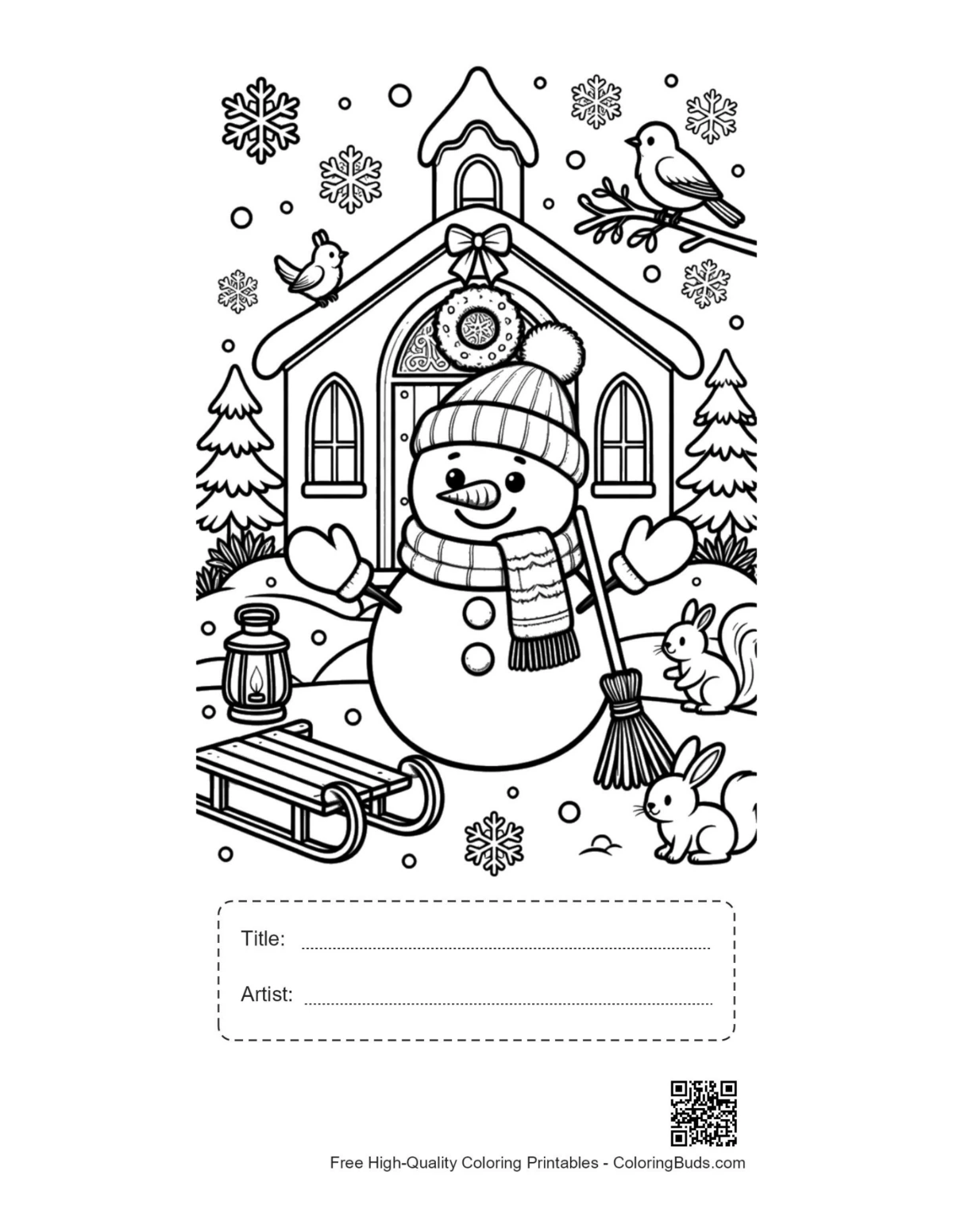 Snowman church sled birds coloring page with title artist box