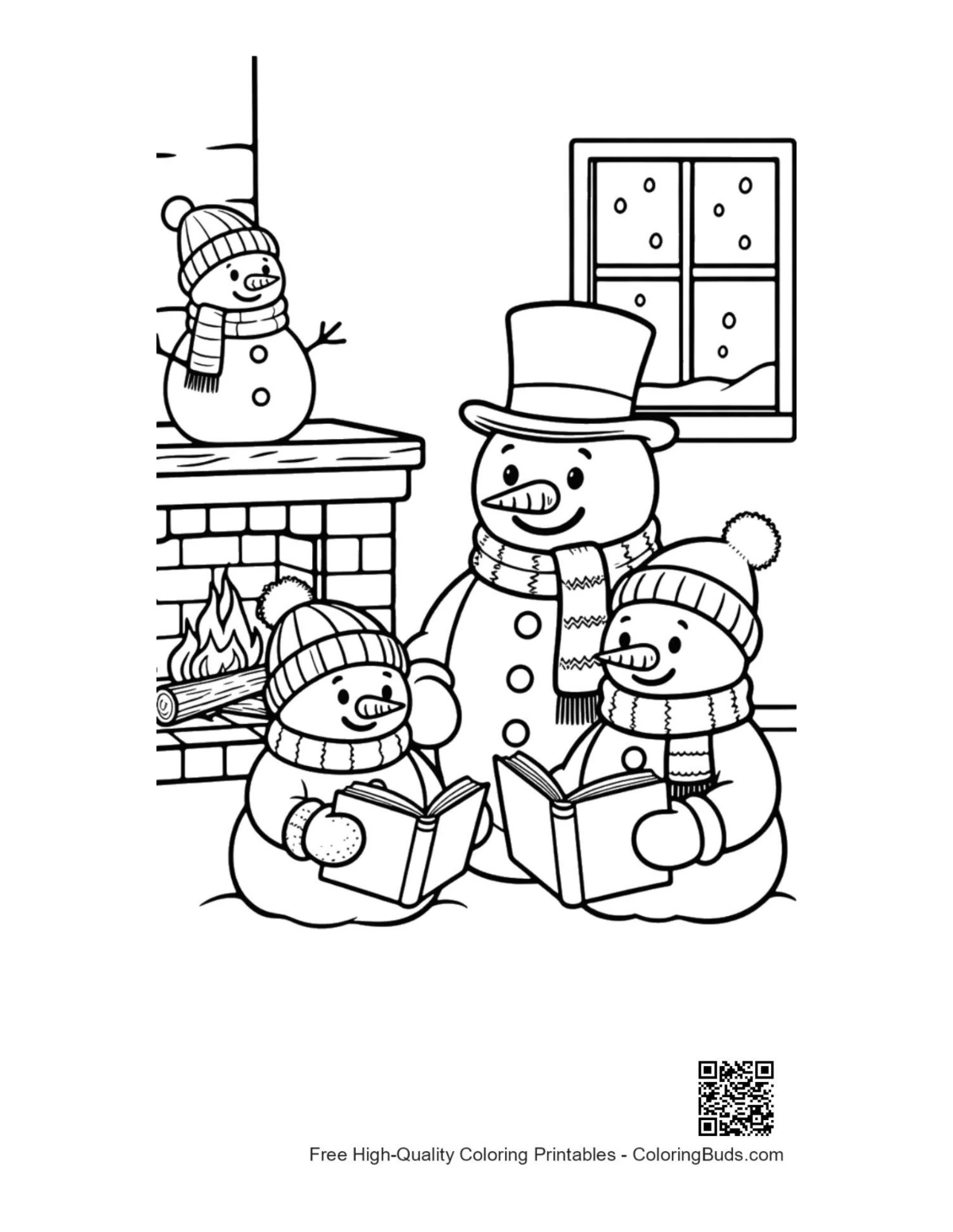 Snowman parents reading book to child by hearth printable