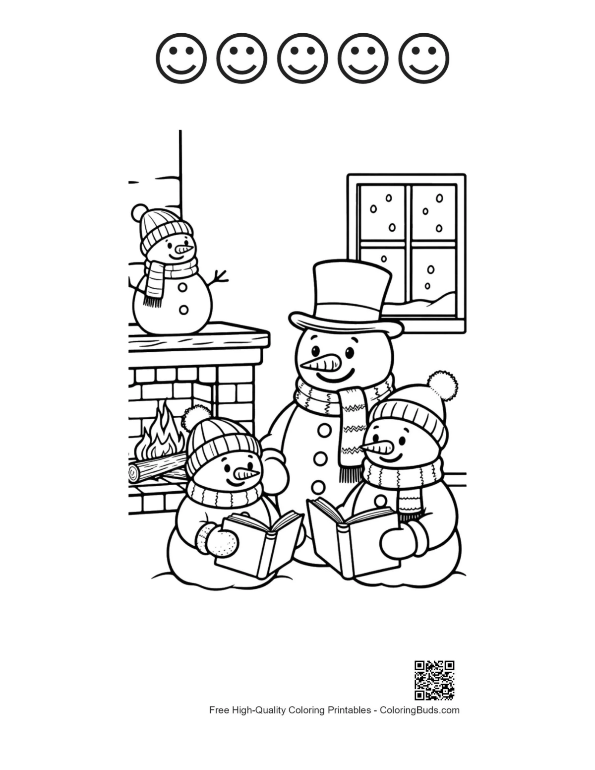 Snowman by hearth coloring with 5 happy faces outline