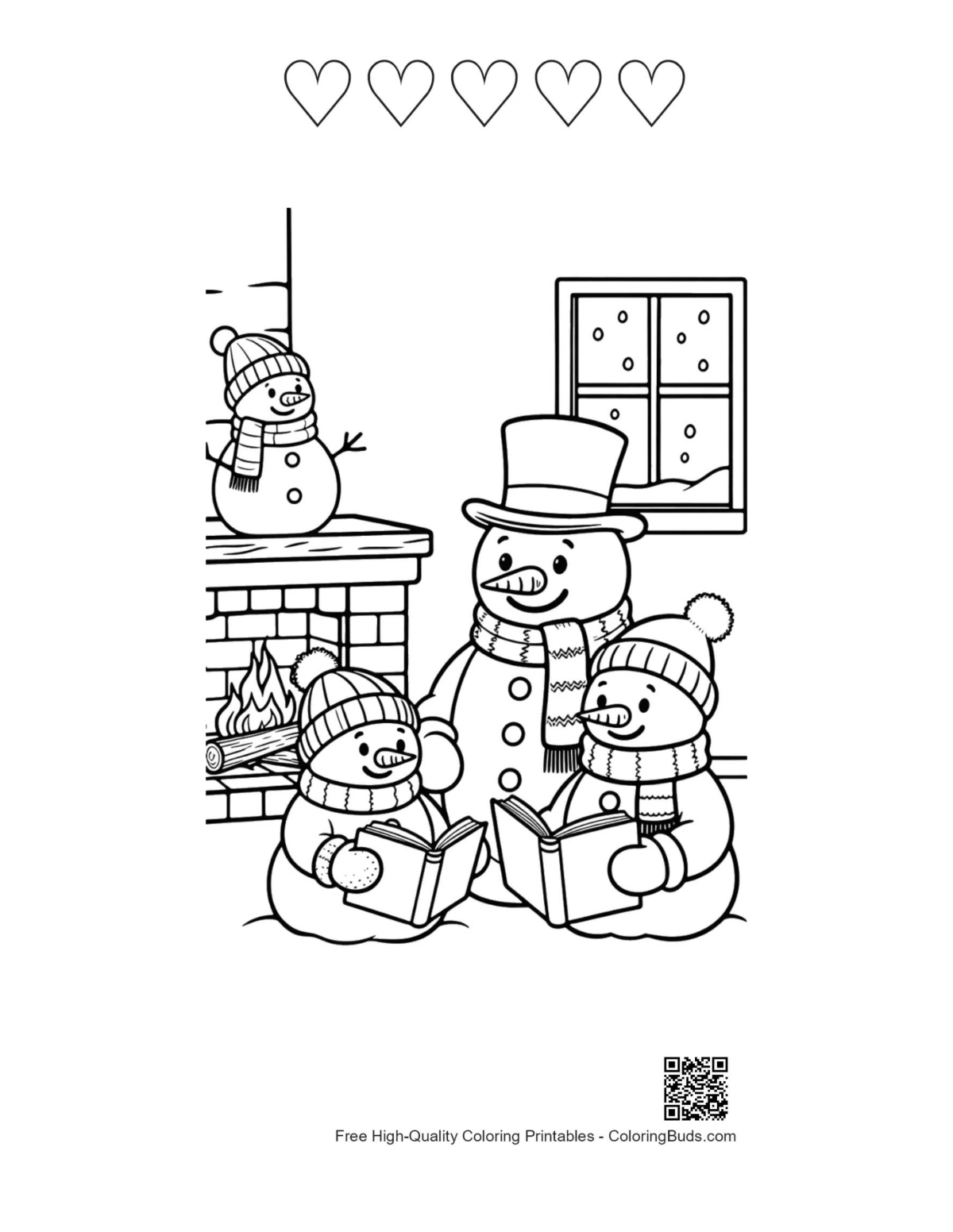 Snowman reading scene with 5 hearts outline printable