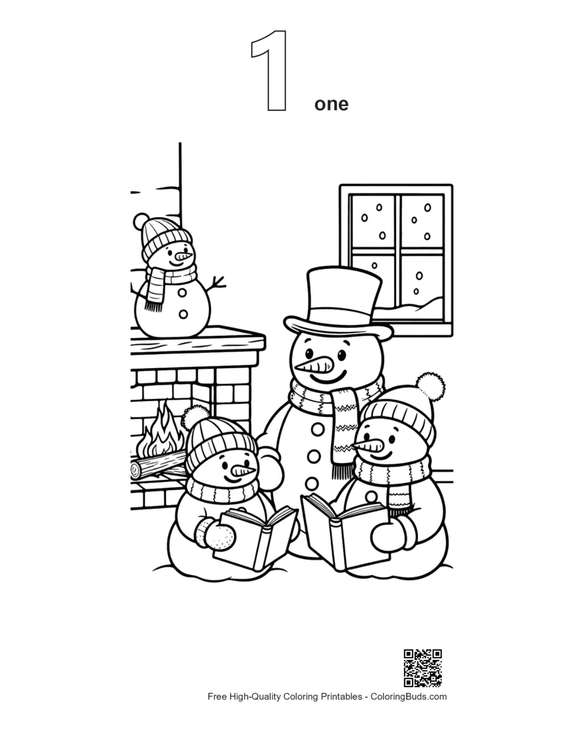 Snowman reading by hearth outline version 1 coloring sheet