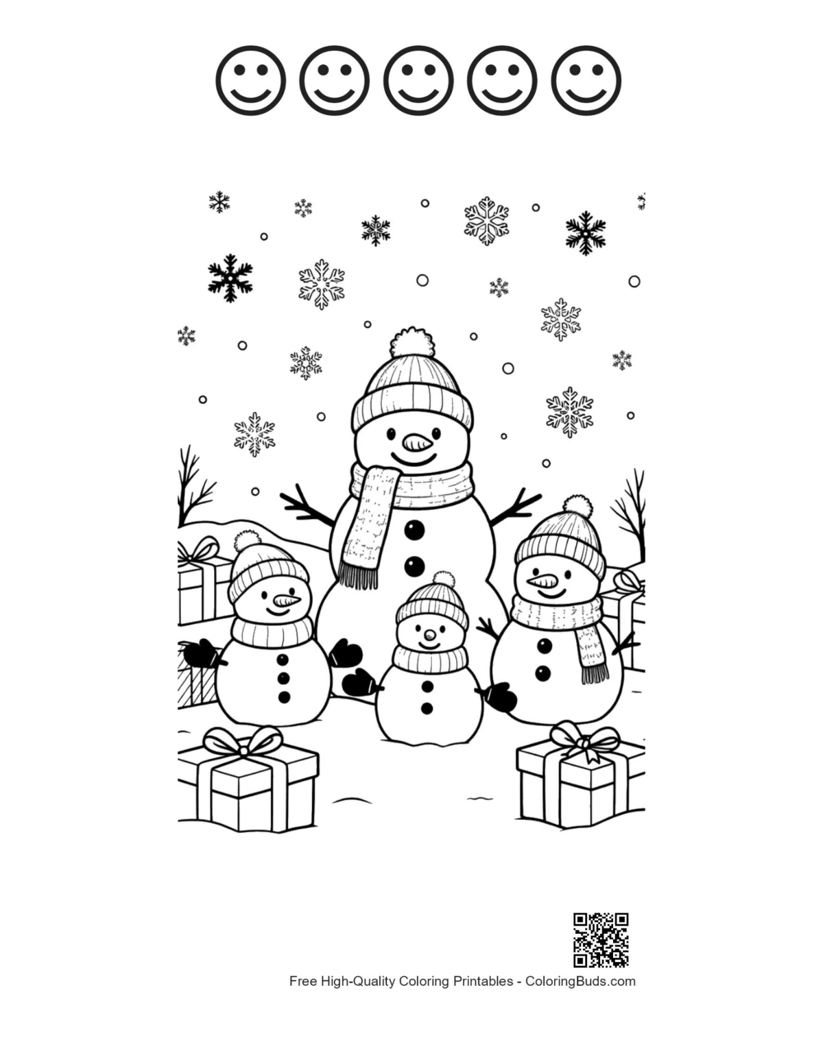 Snowman snowflakes with 5 happy faces outline page