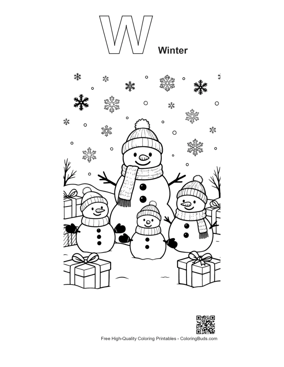 Snowman snowflakes coloring page alphabet winter outline