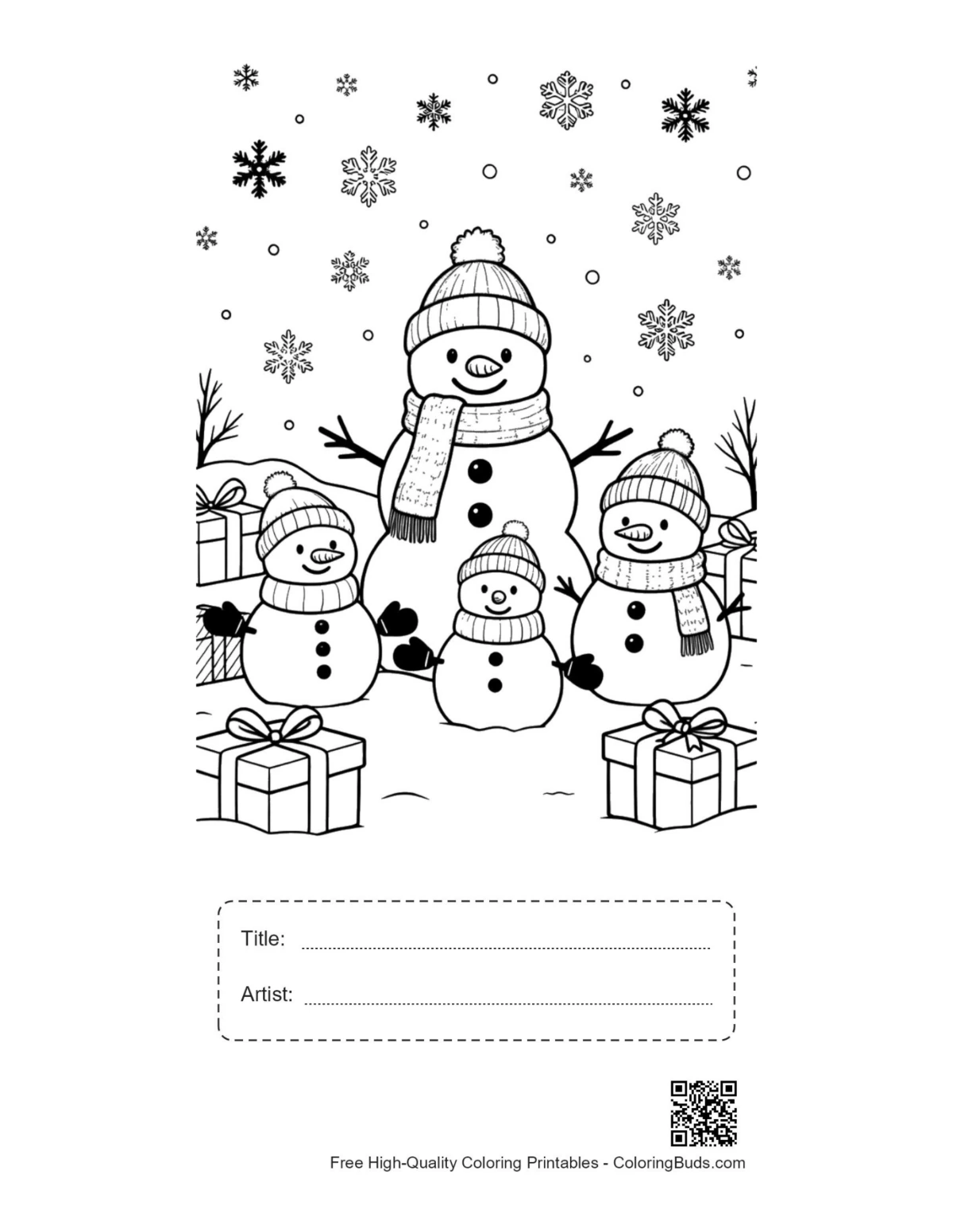 Printable snowman snowflakes page with title artist box