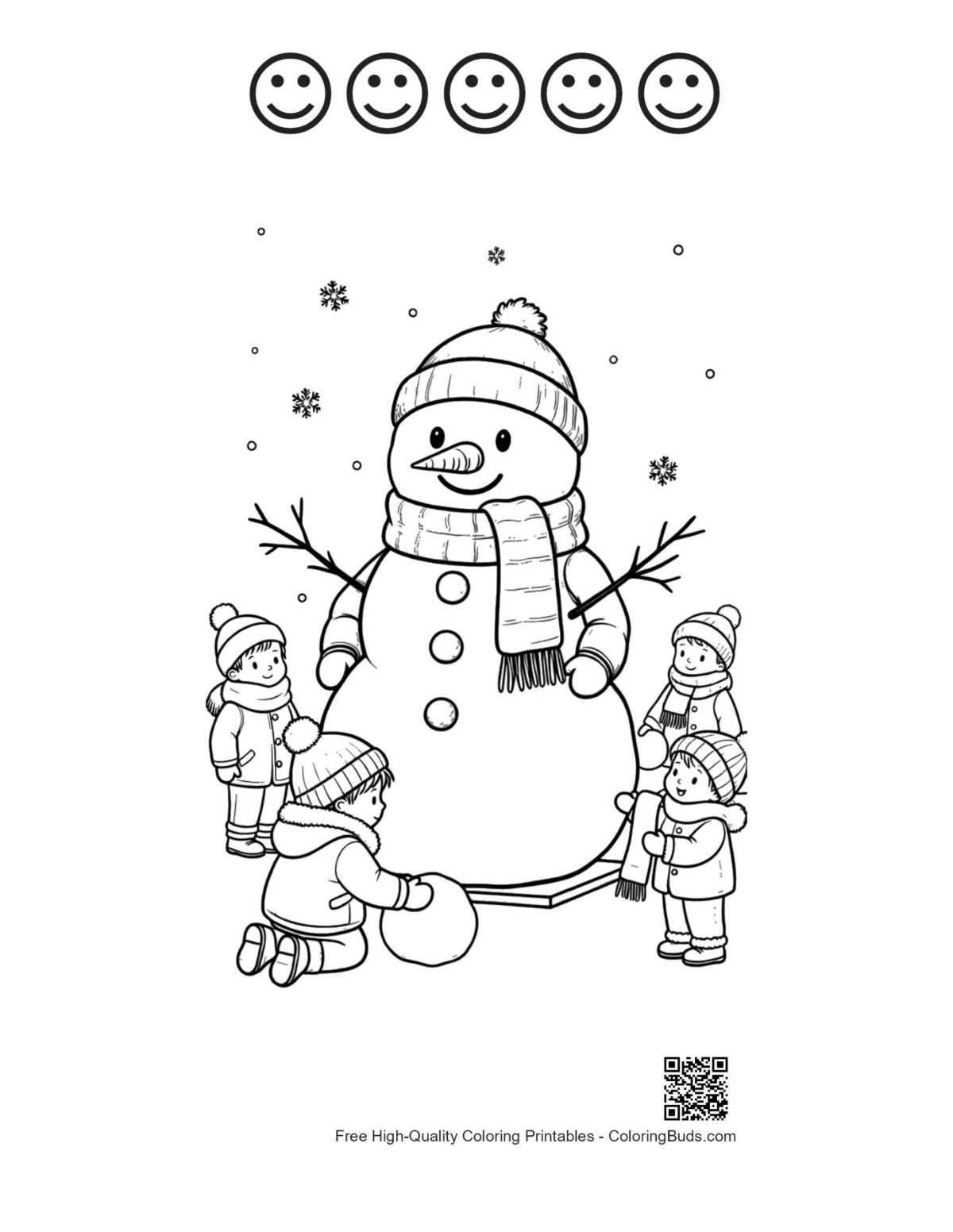 Snowman snowflakes 5 happy faces coloring outline
