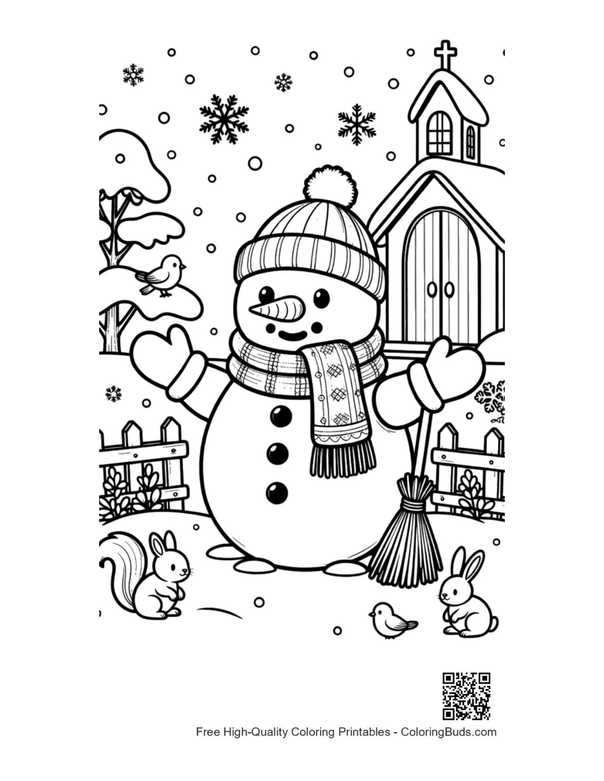 Printable snowman snowflakes coloring page for kids