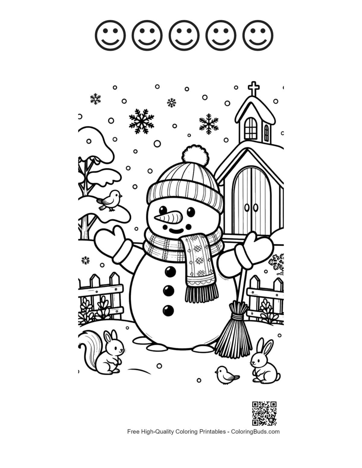 Kids snowman snowflakes printable with 5 happy faces outlines