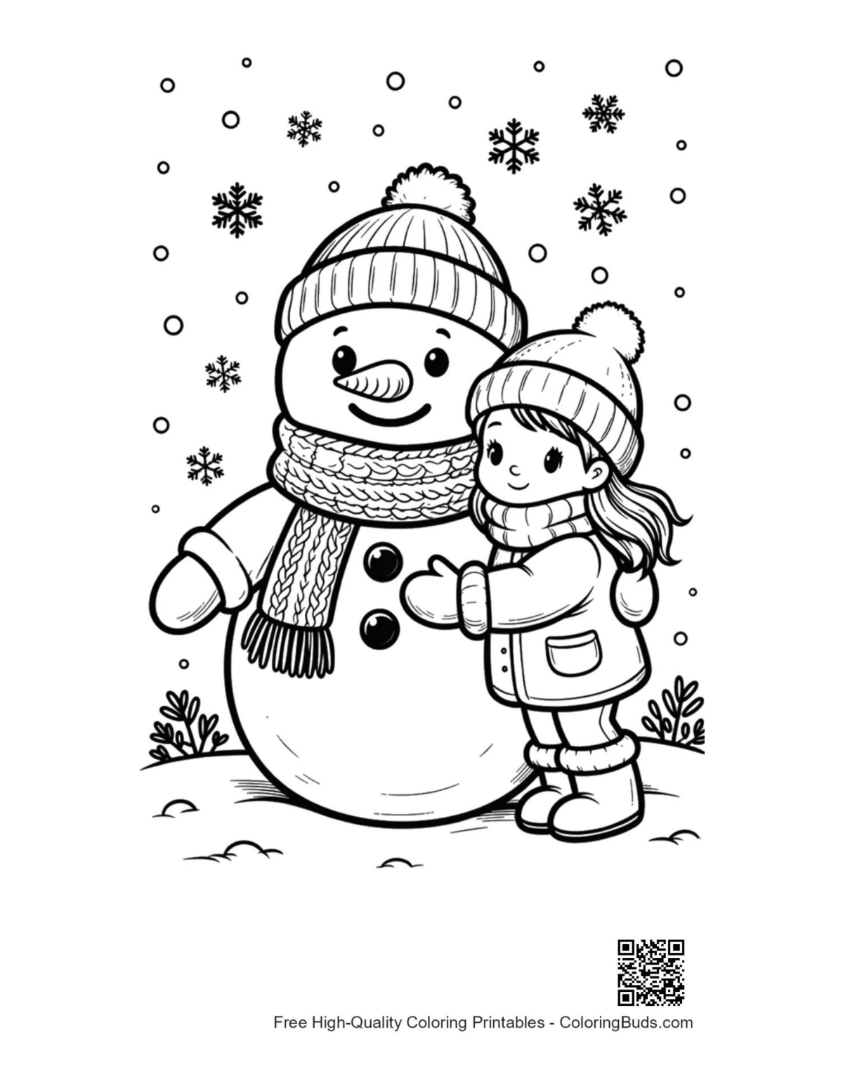 Cute snowman snowflakes printable coloring page