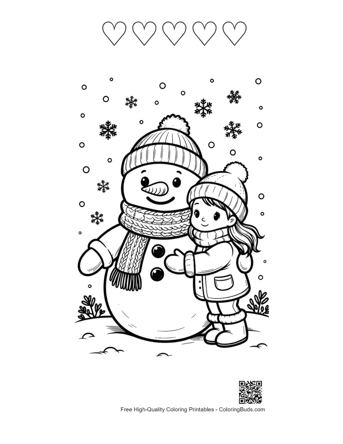 Snowman snowflakes with 5 hearts outline printable